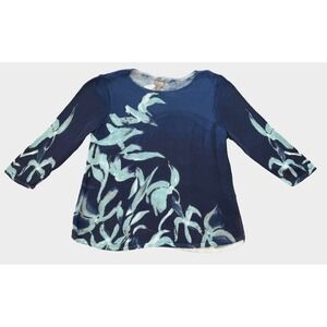 Chico's Size 3 Womens XL Blue White Aqua Floral Sweater Cotton Blend Long Sleeve